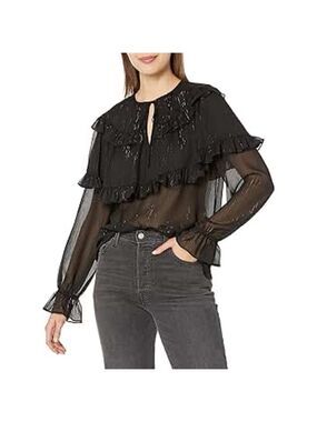 BCBGMaxAzria Sheer Ruffle Chiffon Blouse M NWT Black Edgy Designer Luxe